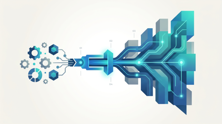 Abstract B2B graphic illustration showing the compounding growth and business leverage gained by early AI installation, depicted as an expanding geometric funnel structure leading to increasing scale.