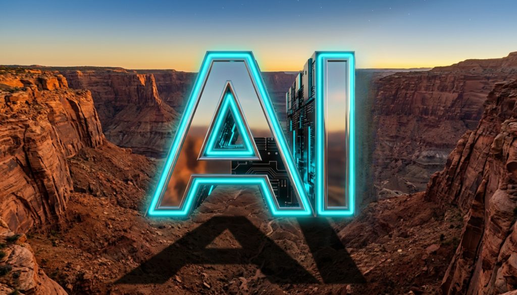 A canyon landscape representing the AI measurement gap, with the word AI hovering between two cliff walls