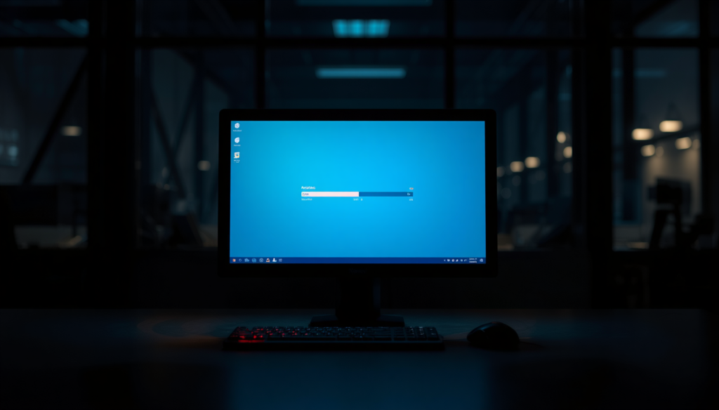Computer monitor running an automation workflow in a dark office — representing AI automation ownership and the need for managed AI operations