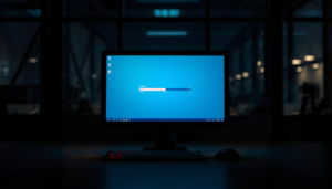 ai-automation-ownership-dark-office-monitor Computer monitor running an automation workflow in a dark office — representing AI automation ownership and the need for managed AI operations