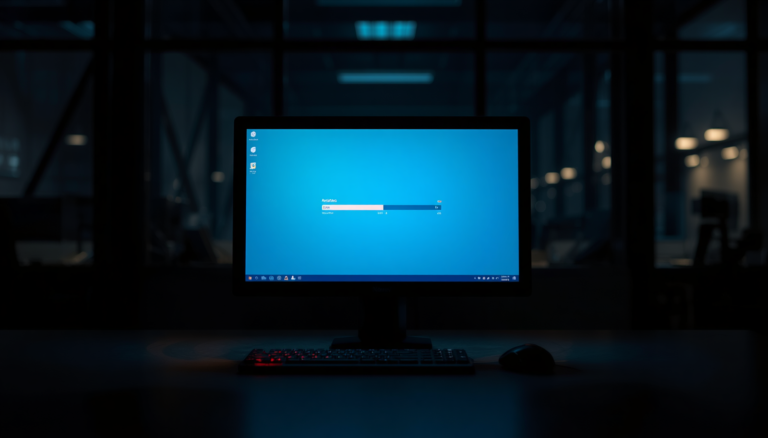 Computer monitor running an automation workflow in a dark office — representing AI automation ownership and the need for managed AI operations